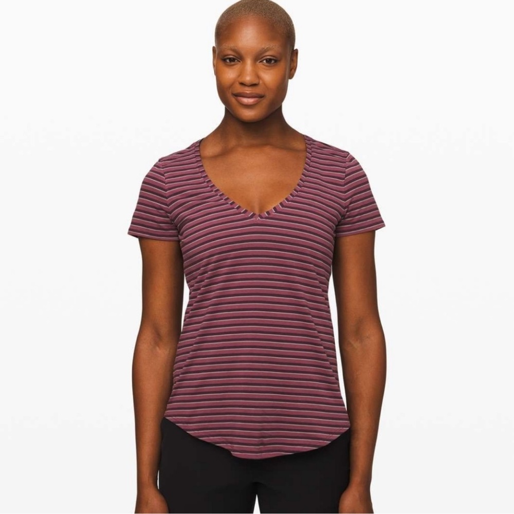 Lululemon V-neck athletic tee, pink and purple stripes, size 2